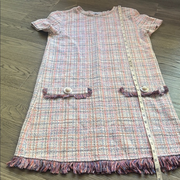 Zara |White Multicolor Pastel Tweed Fringe Frayed Hem Pearl Button Shift Dress S - Picture 10 of 15